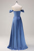 Load image into Gallery viewer, Dusty Blue A Line Off The Shoulder Satin Long Bridesmaid Dress