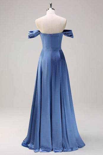 Dusty Blue A Line Off The Shoulder Satin Long Bridesmaid Dress