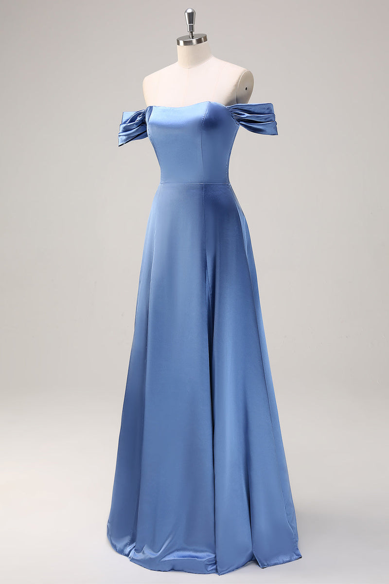 Load image into Gallery viewer, Dusty Blue A Line Off The Shoulder Satin Long Bridesmaid Dress