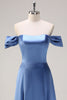 Load image into Gallery viewer, Dusty Blue A Line Off The Shoulder Satin Long Bridesmaid Dress