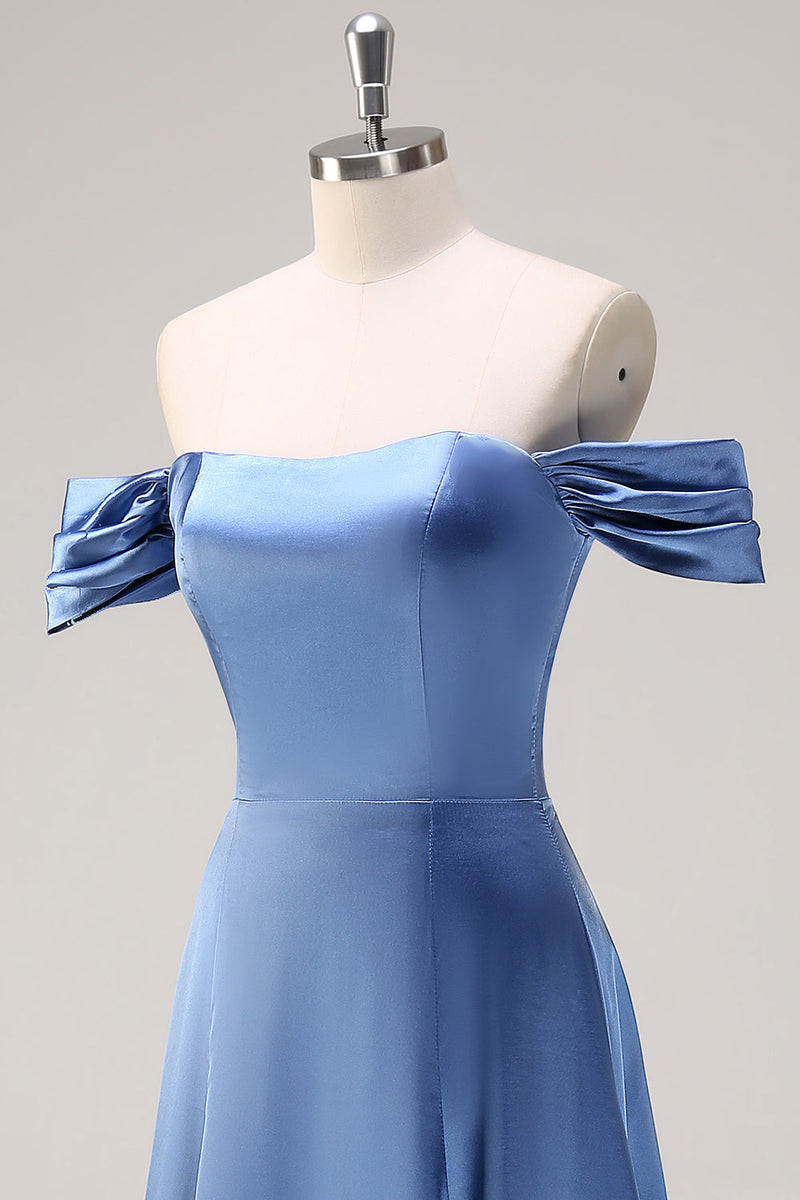 Load image into Gallery viewer, Dusty Blue A Line Off The Shoulder Satin Long Bridesmaid Dress