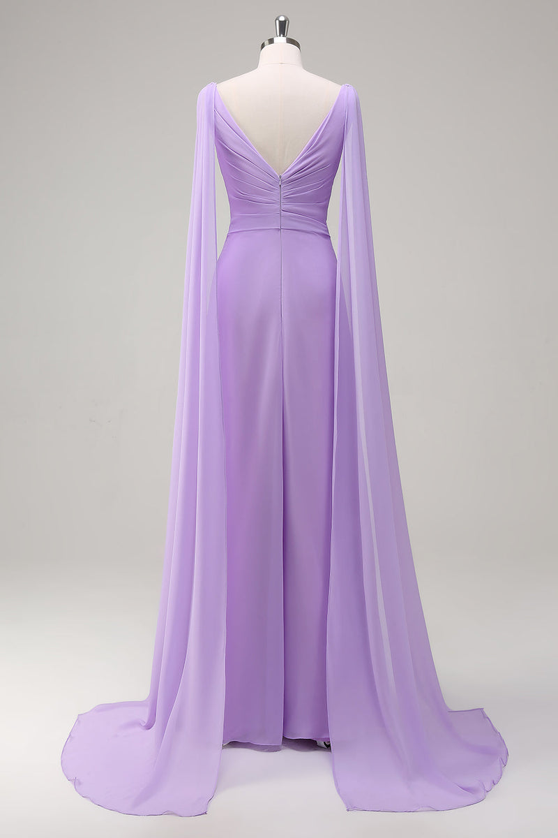 Load image into Gallery viewer, Elegant Lilac Chiffon A-Line Gown with Flowing Cape Sleeves