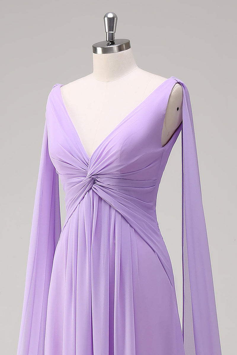 Load image into Gallery viewer, Elegant Lilac Chiffon A-Line Gown with Flowing Cape Sleeves