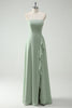 Load image into Gallery viewer, A Line Strapless Dusty Sage Long Bridesmaid Dress with Ruffles Slit