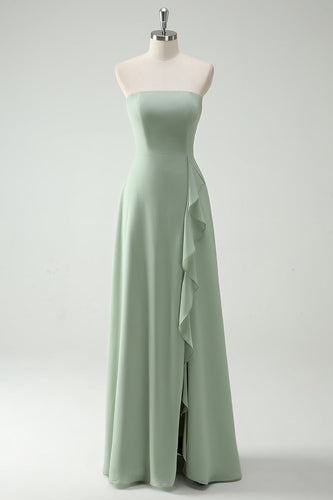 A Line Strapless Dusty Sage Long Bridesmaid Dress with Ruffles Slit