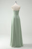 Load image into Gallery viewer, A Line Strapless Dusty Sage Long Bridesmaid Dress with Ruffles Slit