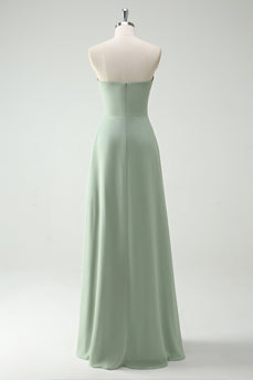 A Line Strapless Dusty Sage Long Bridesmaid Dress with Ruffles Slit