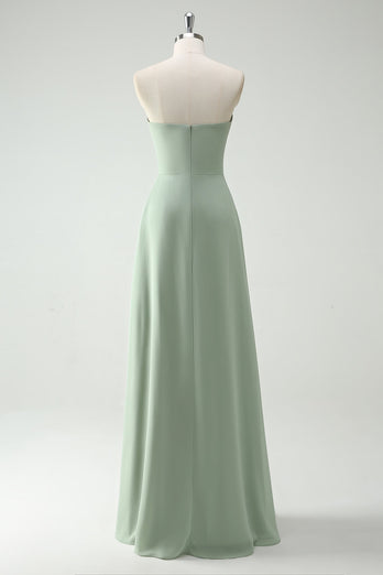 A Line Strapless Dusty Sage Long Bridesmaid Dress with Ruffles Slit