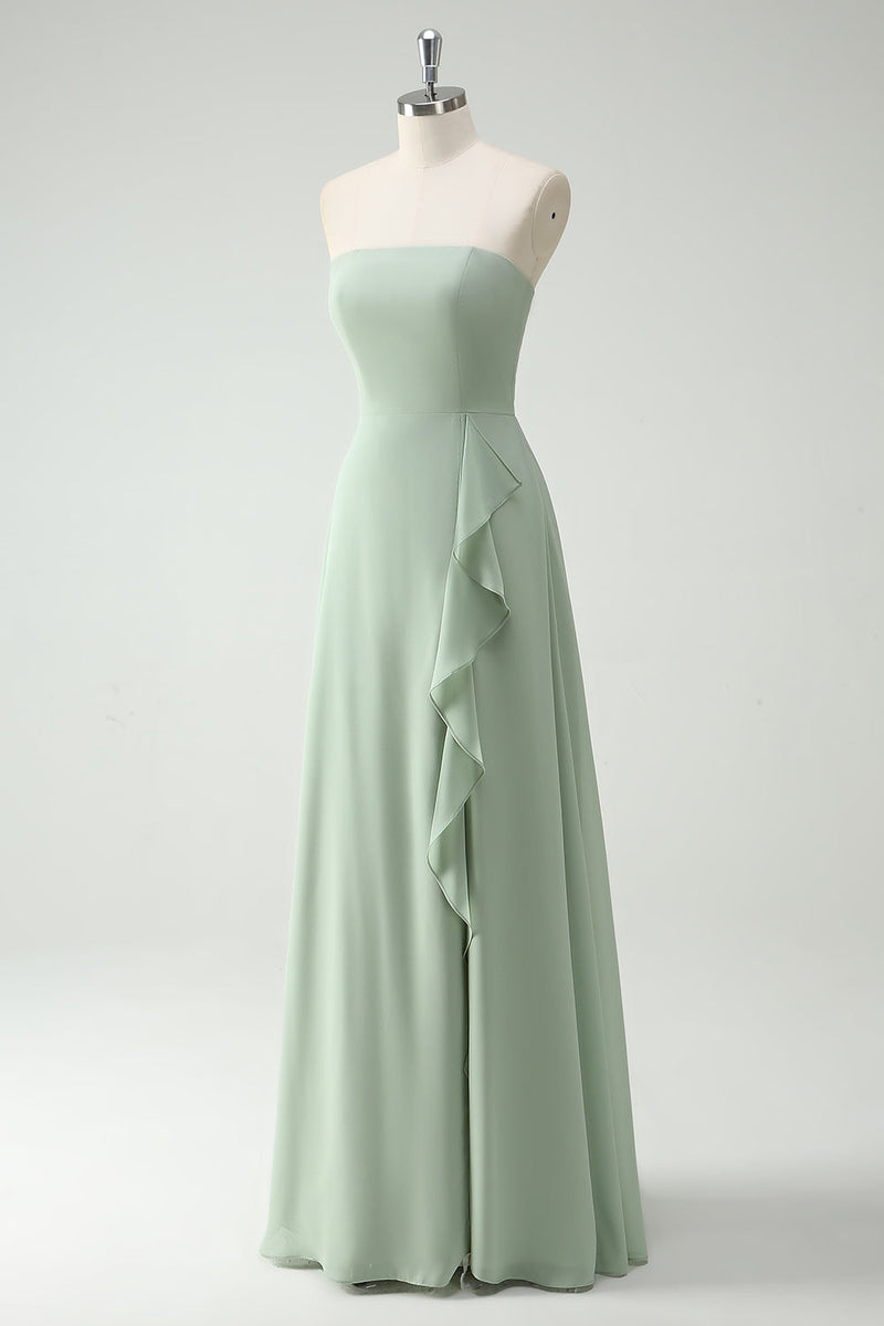 Load image into Gallery viewer, A Line Strapless Dusty Sage Long Bridesmaid Dress with Ruffles Slit