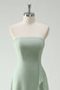 Load image into Gallery viewer, A Line Strapless Dusty Sage Long Bridesmaid Dress with Ruffles Slit