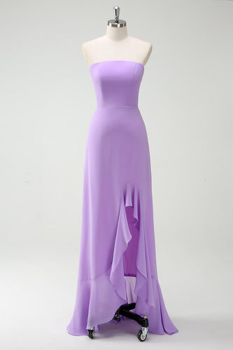 Purple A-Line Strapless Ruffled Long Bridesmaid Dress with Bow Ties