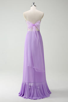 Purple A-Line Strapless Ruffled Long Bridesmaid Dress with Bow Ties