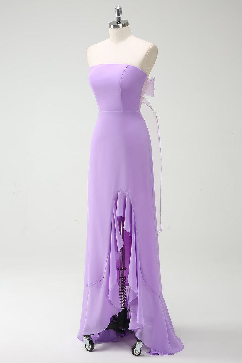 Load image into Gallery viewer, Purple A-Line Strapless Ruffled Long Bridesmaid Dress with Bow Ties