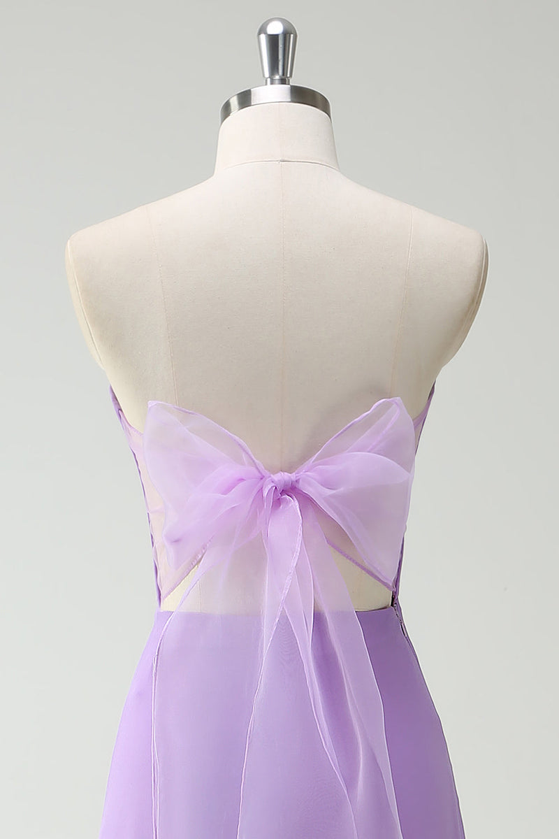 Load image into Gallery viewer, Purple A-Line Strapless Ruffled Long Bridesmaid Dress with Bow Ties