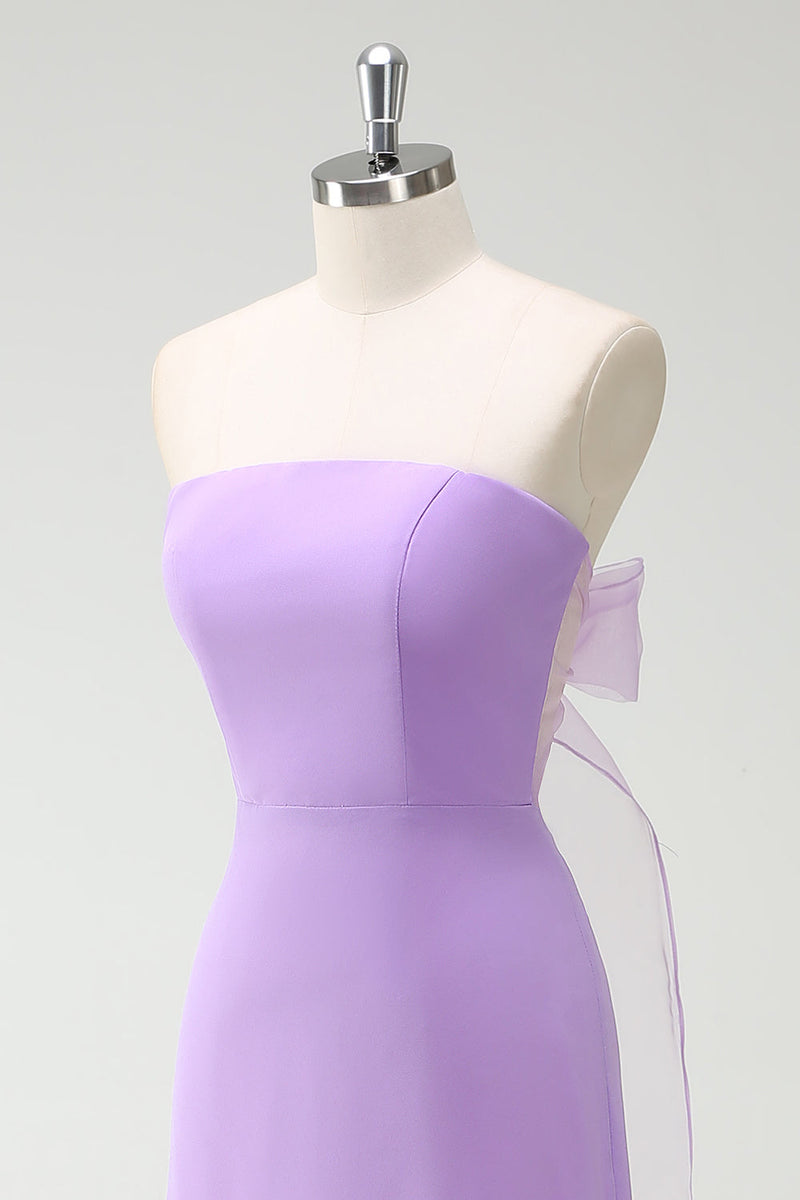 Load image into Gallery viewer, Purple A-Line Strapless Ruffled Long Bridesmaid Dress with Bow Ties