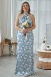 Sheath Halter Blue White Flower Plus Size Printed Long Bridesmaid Dress