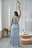 Sheath Halter Blue White Flower Plus Size Printed Long Bridesmaid Dress