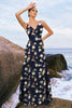 Load image into Gallery viewer, Navy Bloom A-Line Spaghetti Straps Backless Print Satin Long Bridesmaid Dress