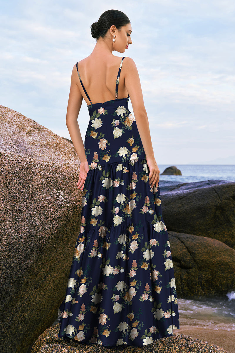 Load image into Gallery viewer, Navy Bloom A-Line Spaghetti Straps Backless Print Satin Long Bridesmaid Dress