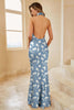 Load image into Gallery viewer, Blue White Flower Mermaid Halter Open Back Print Long Bridesmaid Dress