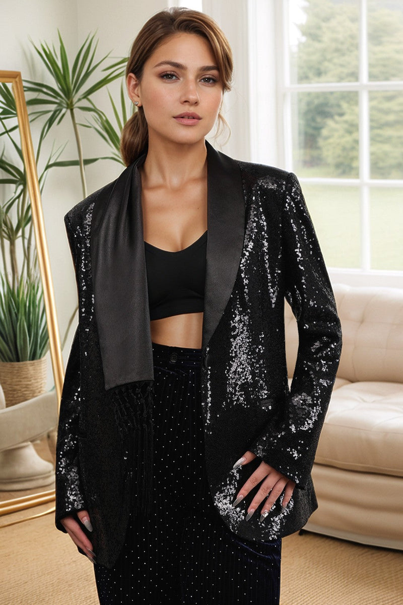 Load image into Gallery viewer, Sparkly Black Women&#39;s Prom Blazer with Fringes