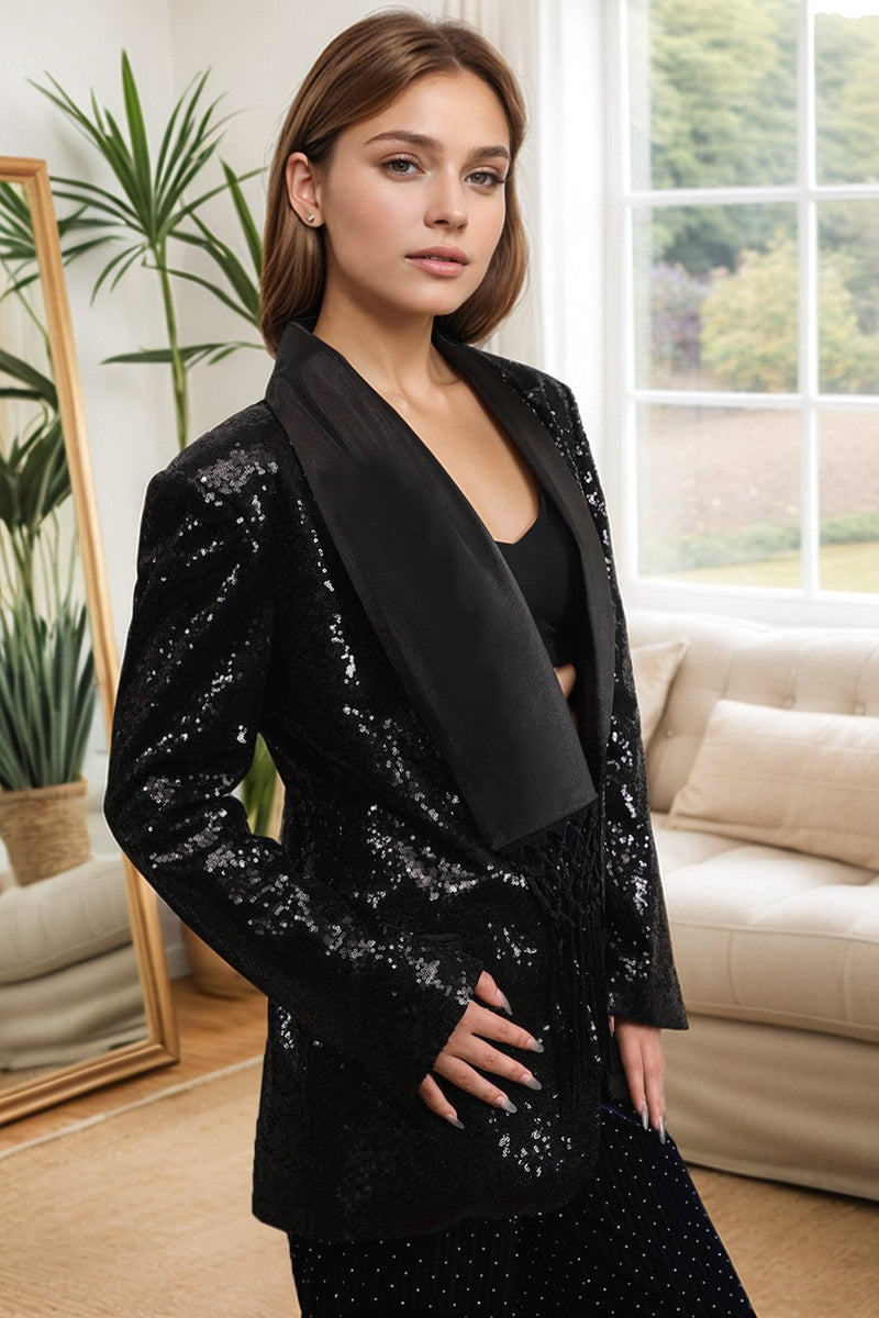 Load image into Gallery viewer, Sparkly Black Women&#39;s Prom Blazer with Fringes