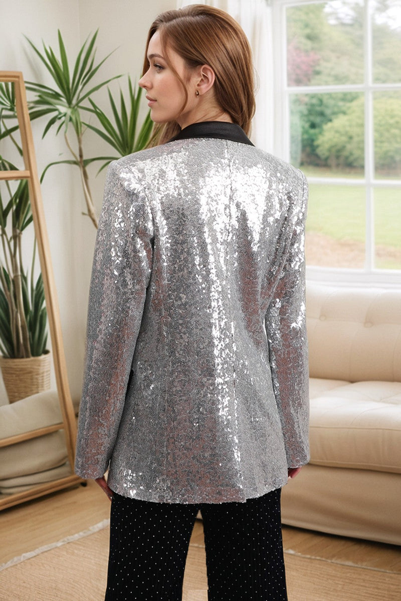 Load image into Gallery viewer, Sparkly Silver Black Peak Lapel Women&#39;s Prom Blazer