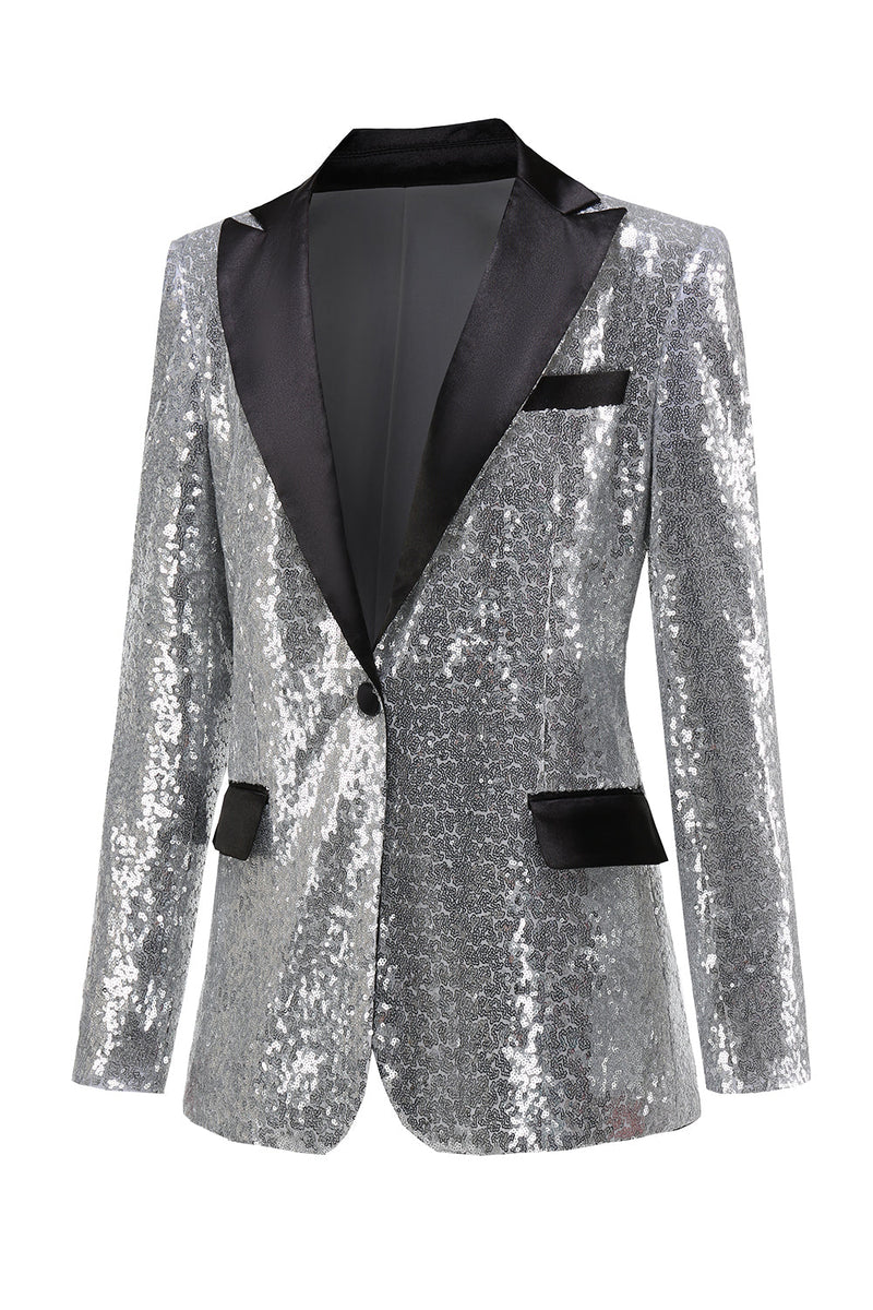 Load image into Gallery viewer, Sparkly Silver Black Peak Lapel Women&#39;s Prom Blazer