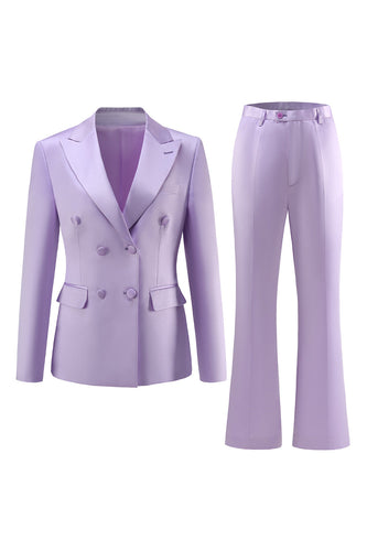 Purple Peak Laple Satin Double Breasted 2 Pieces Women Suits