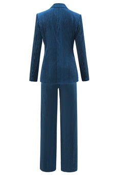 Peacock Blue Stripes Notched Lapel 2 Pieces Women's Suits with Belt