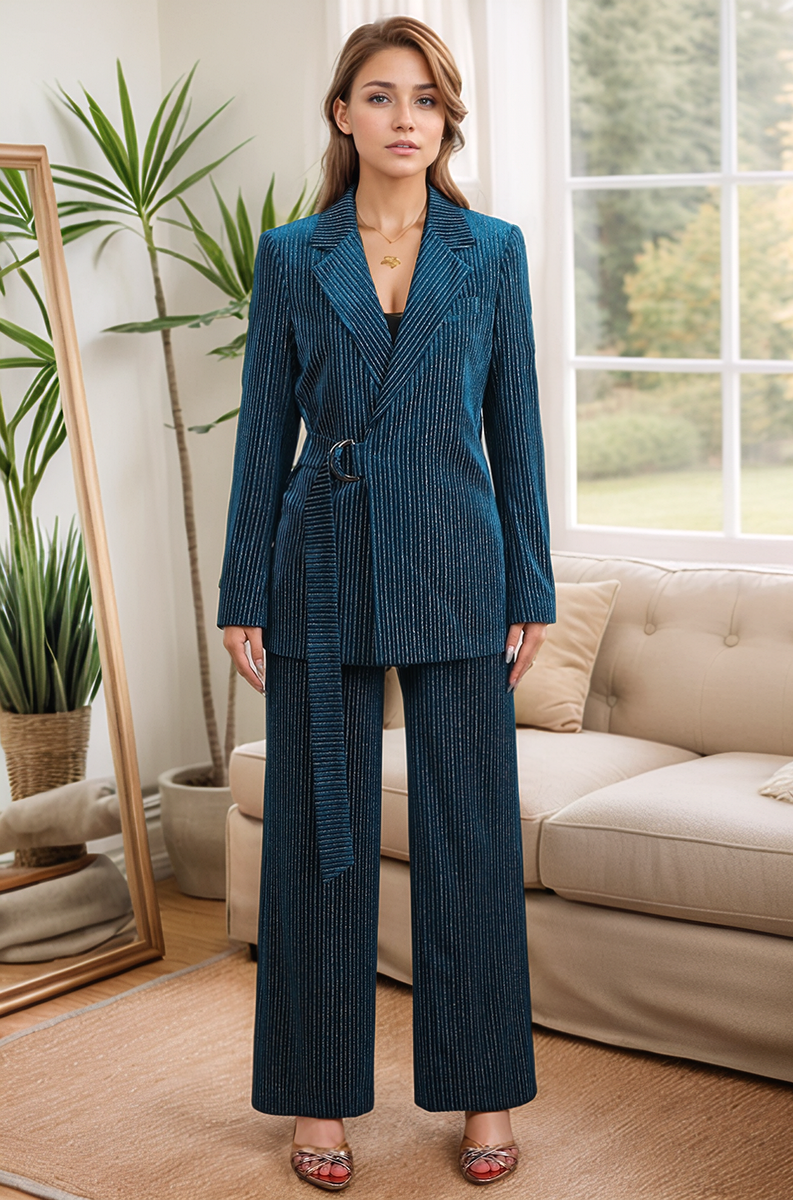 Load image into Gallery viewer, Peacock Blue Stripes Notched Lapel 2 Pieces Suits with Belt