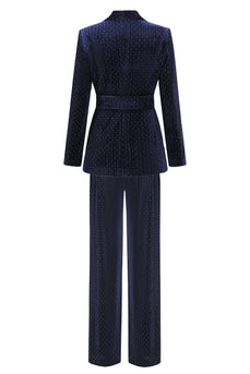 Navy Shawl Lapel 2 Pieces Women's Suits with Belt