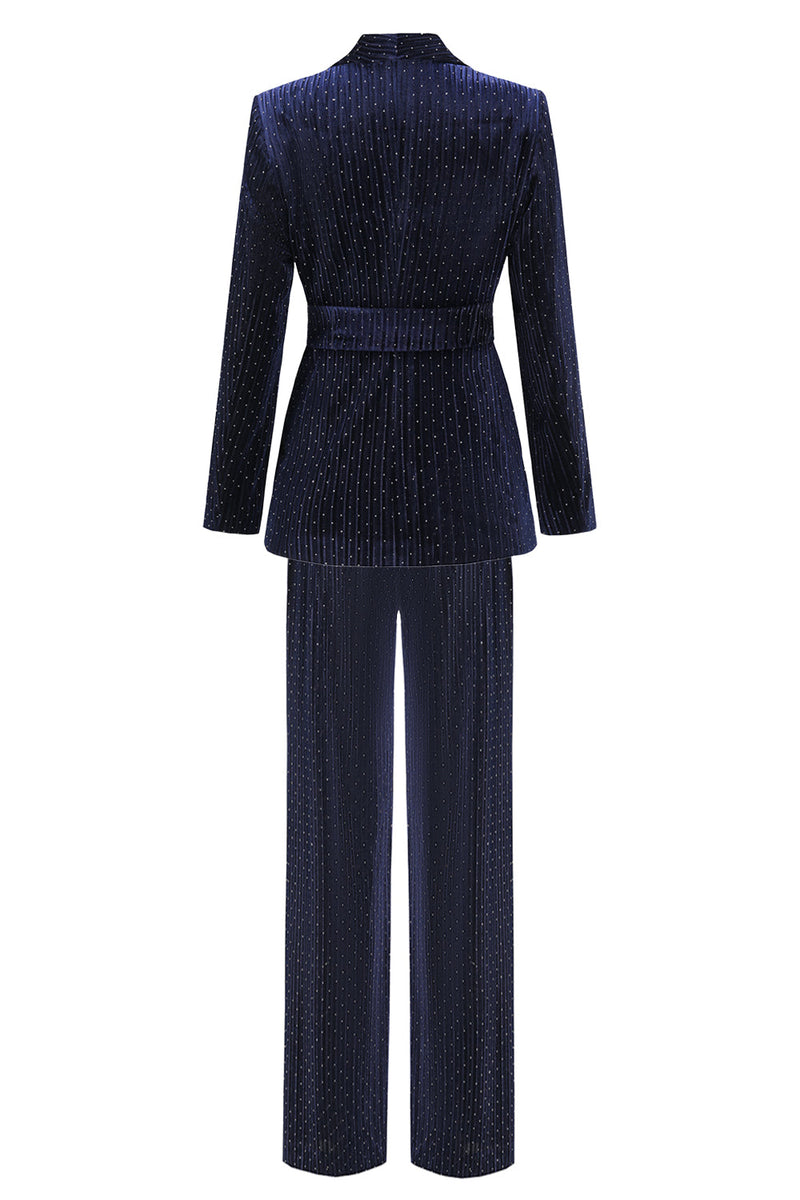 Load image into Gallery viewer, Navy Shawl Lapel 2 Pieces Women&#39;s Suits with Belt