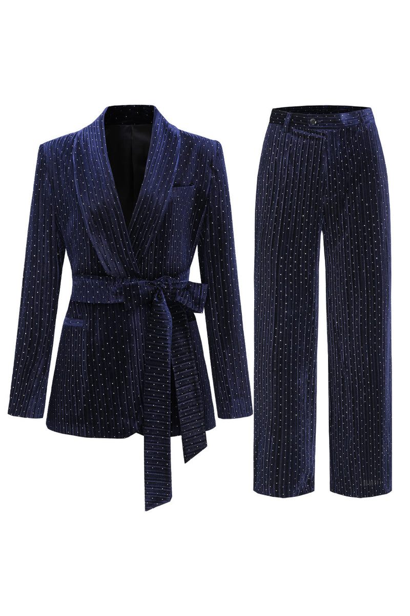 Load image into Gallery viewer, 2 Pieces Shawl Lapel Navy Women&#39;s Suits with Belt