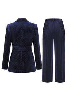 2 Pieces Shawl Lapel Navy Women's Suits with Belt