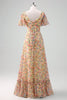 Load image into Gallery viewer, Yellow Flower Printed A-Line V-neck Short Sleeves Long Prom Dress