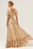 Load image into Gallery viewer, Yellow Flower Printed Chiffon A-Line V-neck Short Sleeves Long Prom Dress