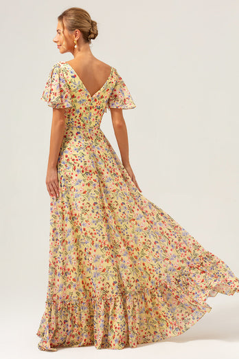 Yellow Flower Printed Chiffon A-Line V-neck Short Sleeves Long Prom Dress