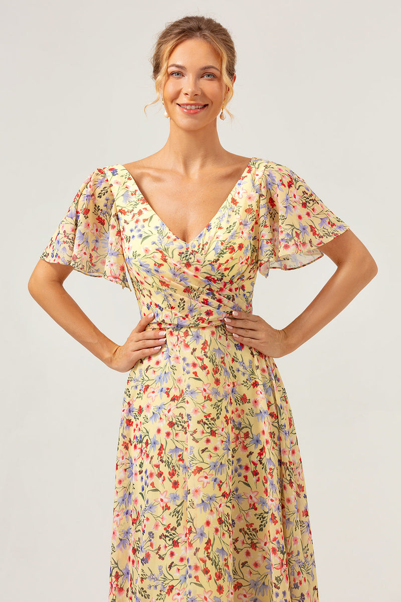 Load image into Gallery viewer, Yellow Flower Printed A-Line V-neck Short Sleeves Long Prom Dress