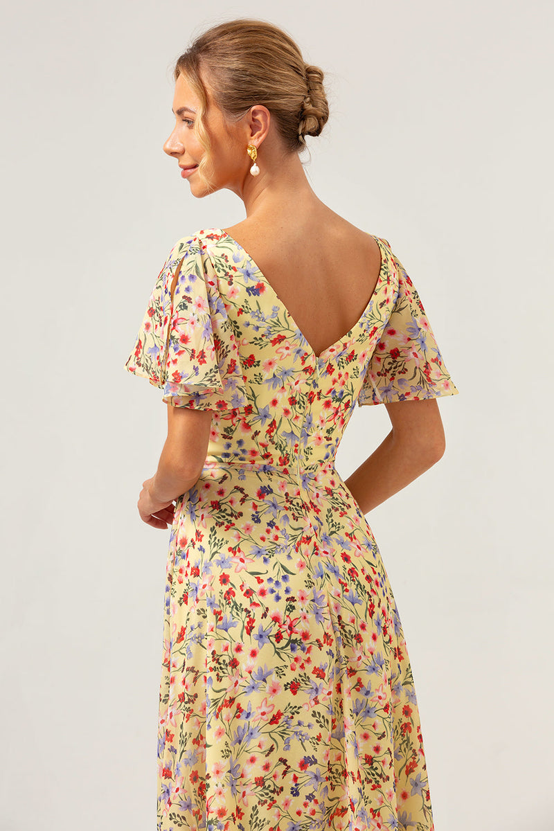 Load image into Gallery viewer, Yellow Flower Printed A-Line V-neck Short Sleeves Long Prom Dress