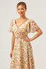 Load image into Gallery viewer, Yellow Flower Printed A-Line V-neck Short Sleeves Long Prom Dress