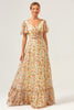 Load image into Gallery viewer, Yellow Flower Printed A-Line V-neck Short Sleeves Long Prom Dress