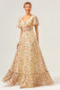 Load image into Gallery viewer, Yellow Flower Printed A-Line V-neck Short Sleeves Long Prom Dress