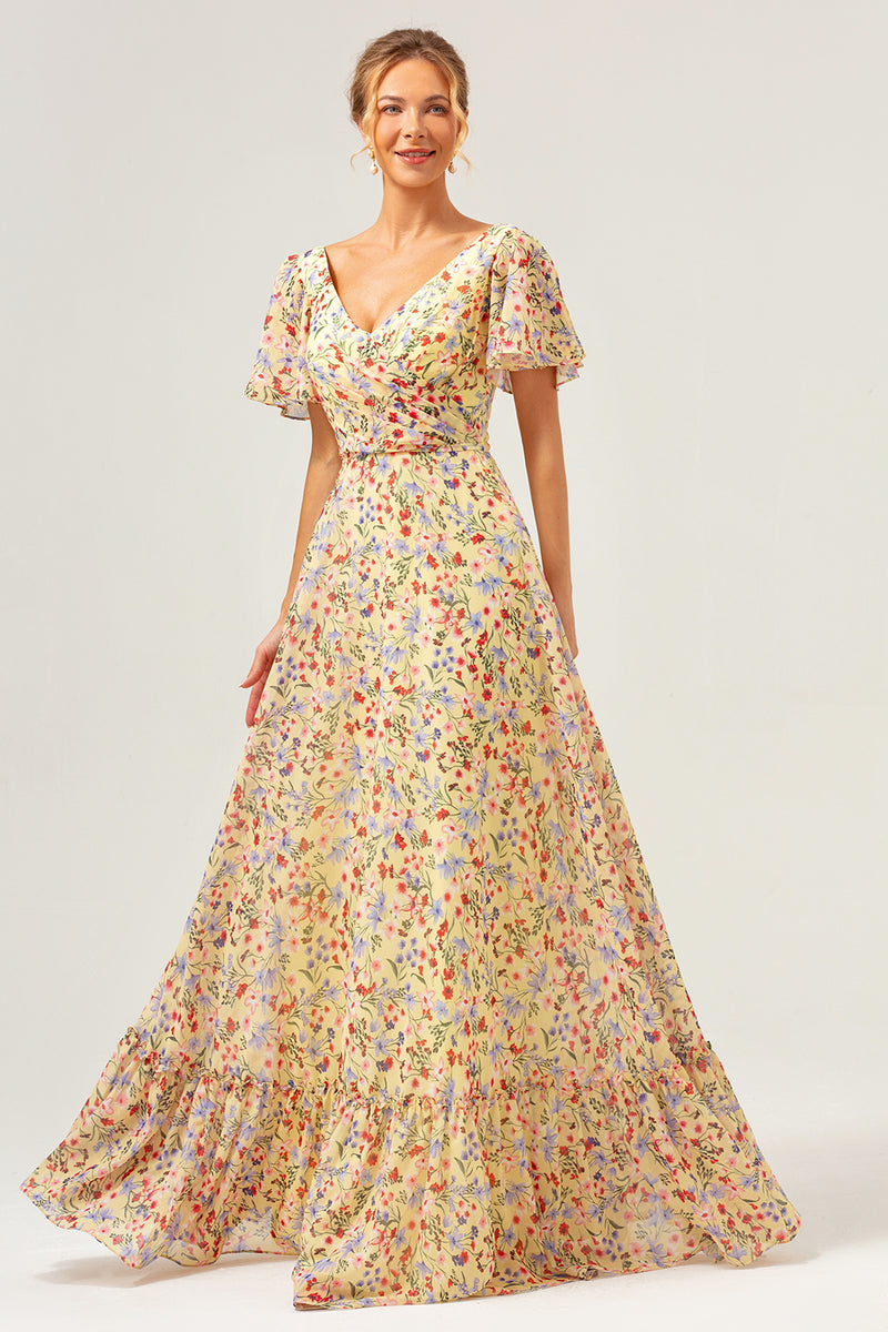 Load image into Gallery viewer, Yellow Flower Printed A-Line V-neck Short Sleeves Long Prom Dress