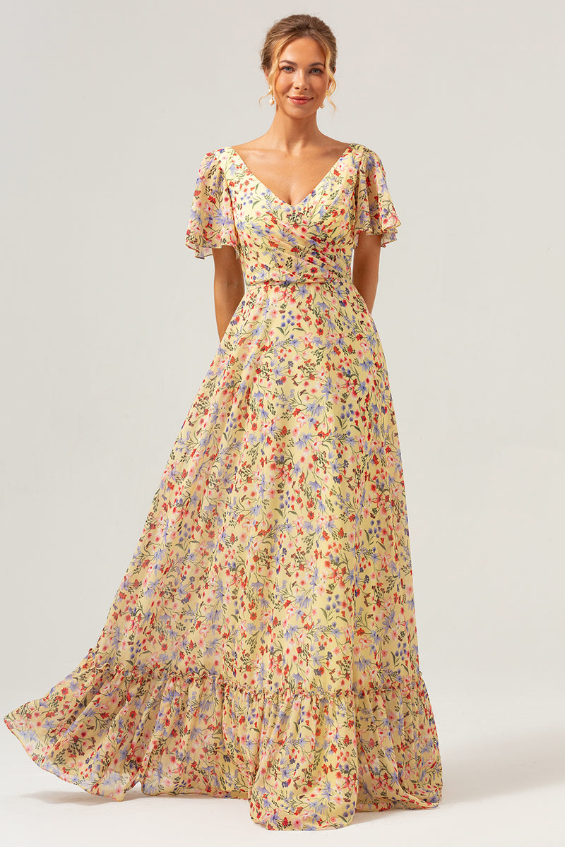 Load image into Gallery viewer, Yellow Flower Printed A-Line V-neck Short Sleeves Long Prom Dress