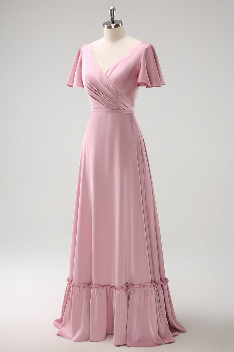 Load image into Gallery viewer, Pink A-Line Ruffle Wrap Short Sleeves Long Satin Bridesmaid Dress