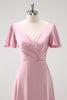 Load image into Gallery viewer, Pink A-Line Ruffle Wrap Short Sleeves Long Satin Bridesmaid Dress