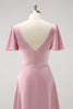 Load image into Gallery viewer, Pink A-Line Ruffle Wrap Short Sleeves Long Satin Bridesmaid Dress