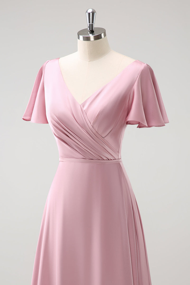 Load image into Gallery viewer, Pink A-Line Ruffle Wrap Short Sleeves Long Satin Bridesmaid Dress