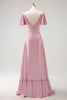 Load image into Gallery viewer, Pink A-Line Ruffle Wrap Short Sleeves Long Satin Bridesmaid Dress